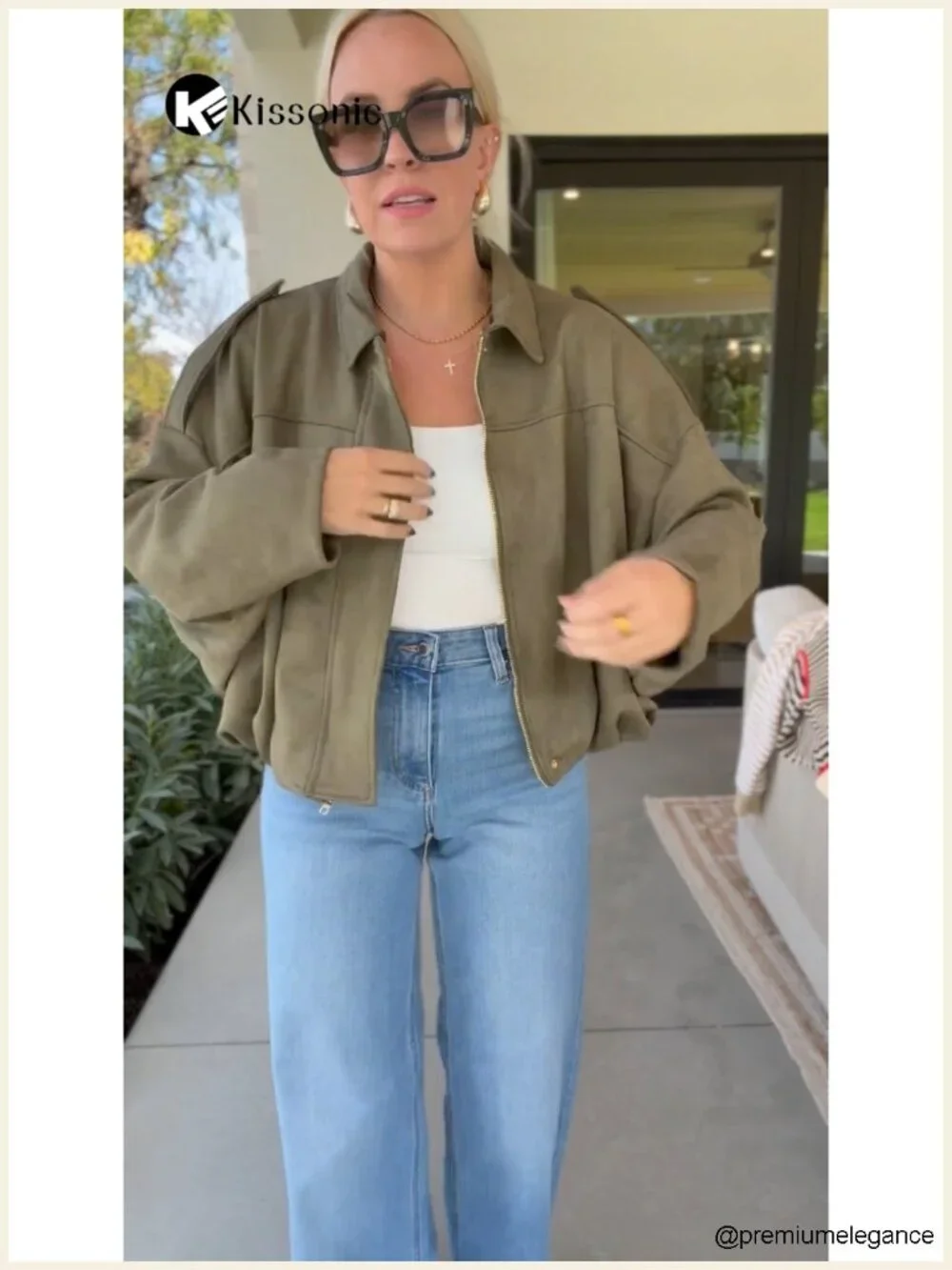 Faux Suede Bomber Jacket Oversized Cropped Batwing Sleeve Lapel Collar Zip Up